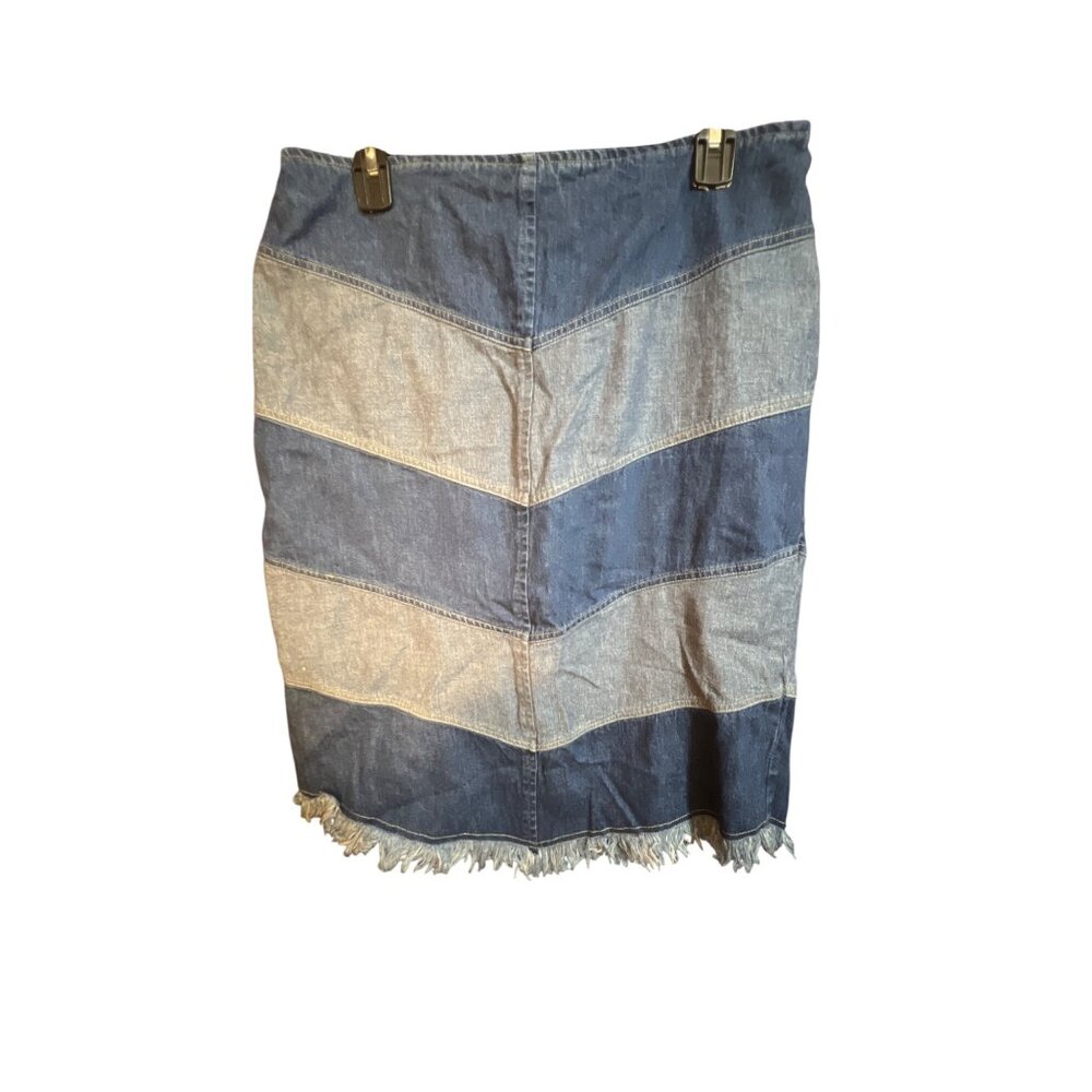 Vintage Frantic Denim Chevron Stripe Skirt‎ With Raw Hem Sz 14